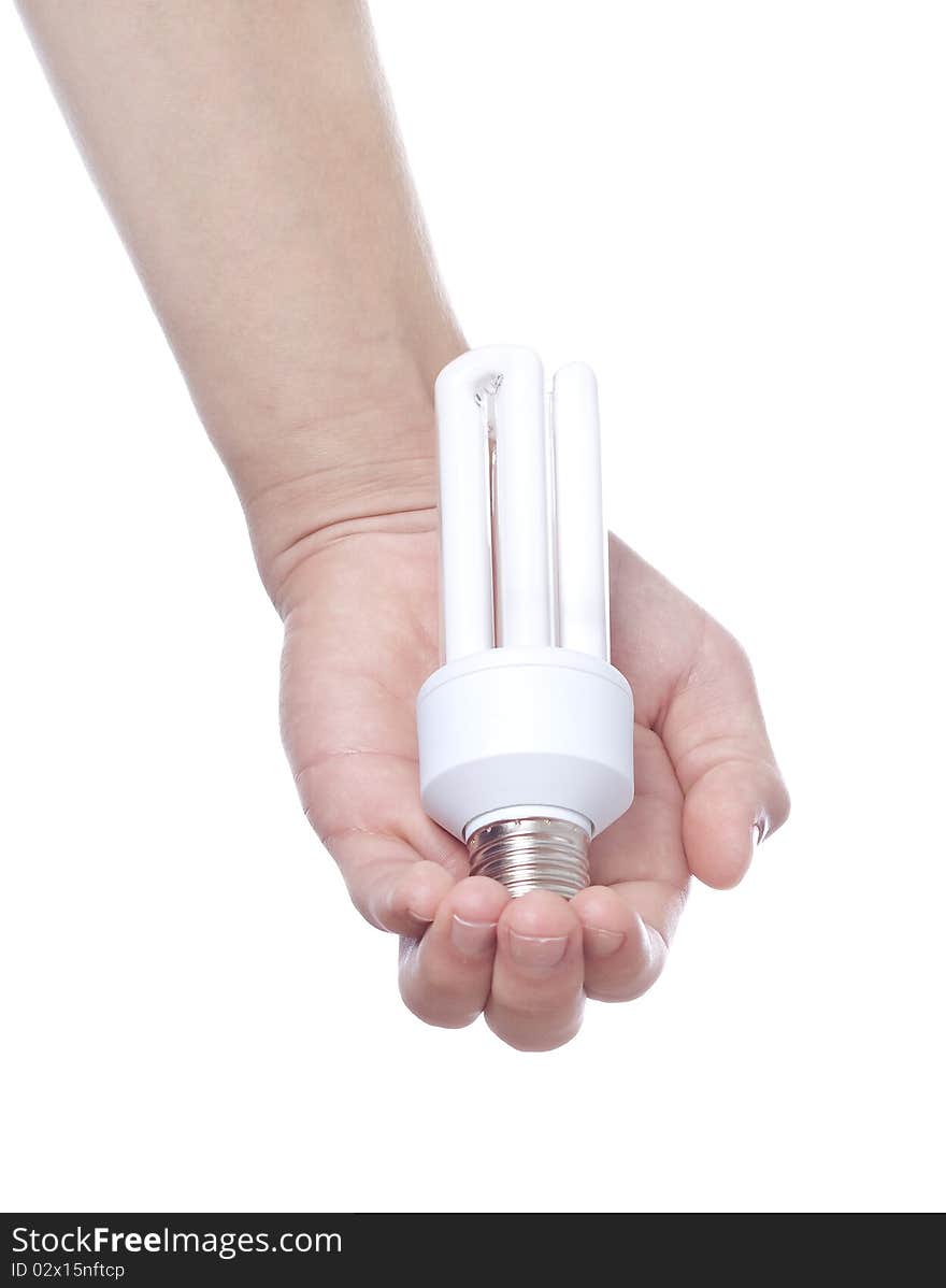 Woman keep new energy save bulb. Woman keep new energy save bulb