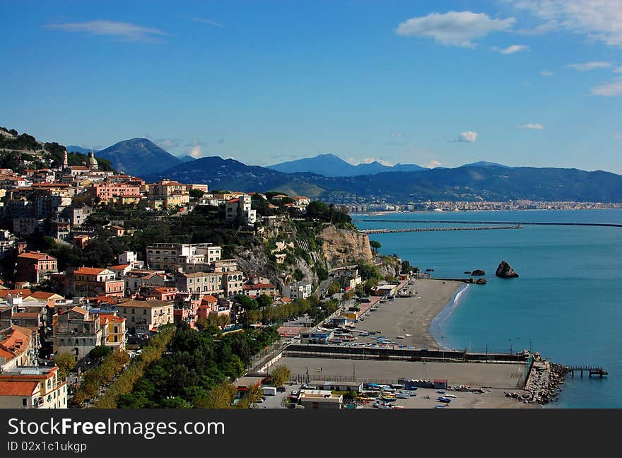 Vietri Sul Mare along the Amalfi Coast of Italy, its beach and Salerno in the background. Vietri Sul Mare along the Amalfi Coast of Italy, its beach and Salerno in the background