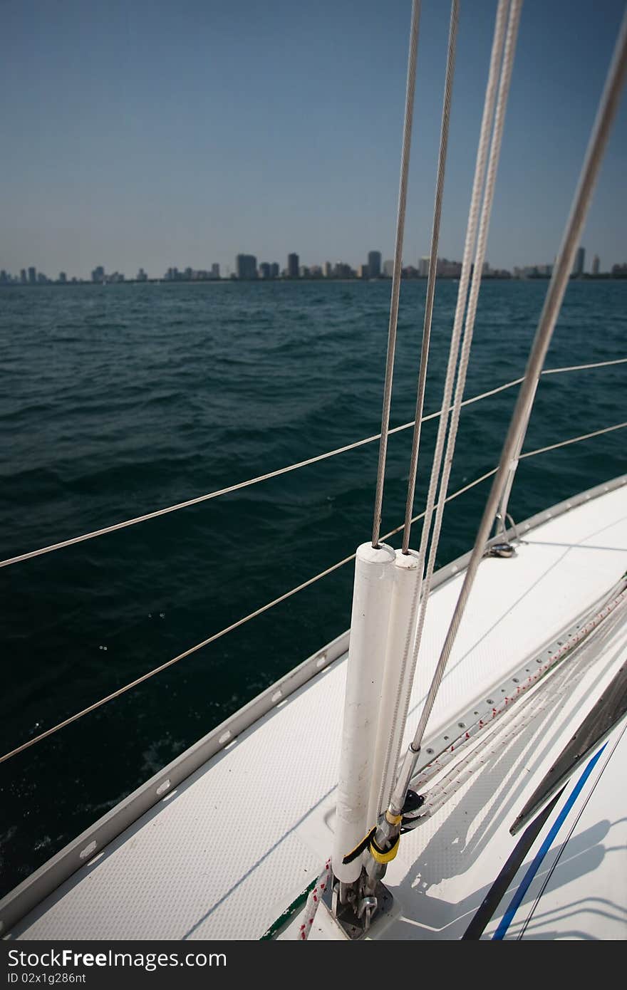 Boat on the Lake Michigan, Chicago in the background. Boat on the Lake Michigan, Chicago in the background