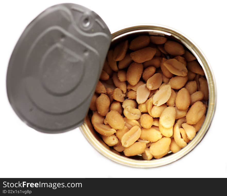 Peanuts of metal can on white background. Peanuts of metal can on white background