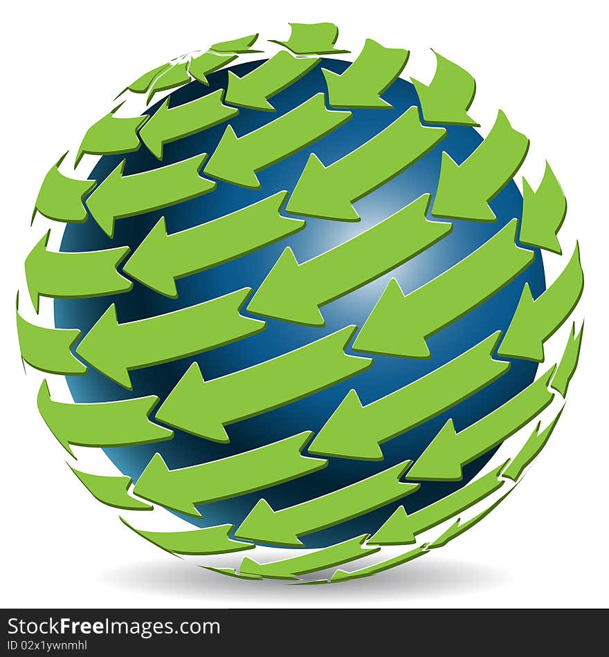 Abstract illustration green round arrows around blue ball. Abstract illustration green round arrows around blue ball