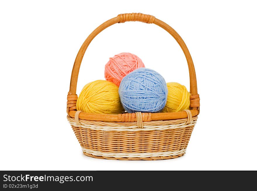 Ball of threads in a basket isolated over white