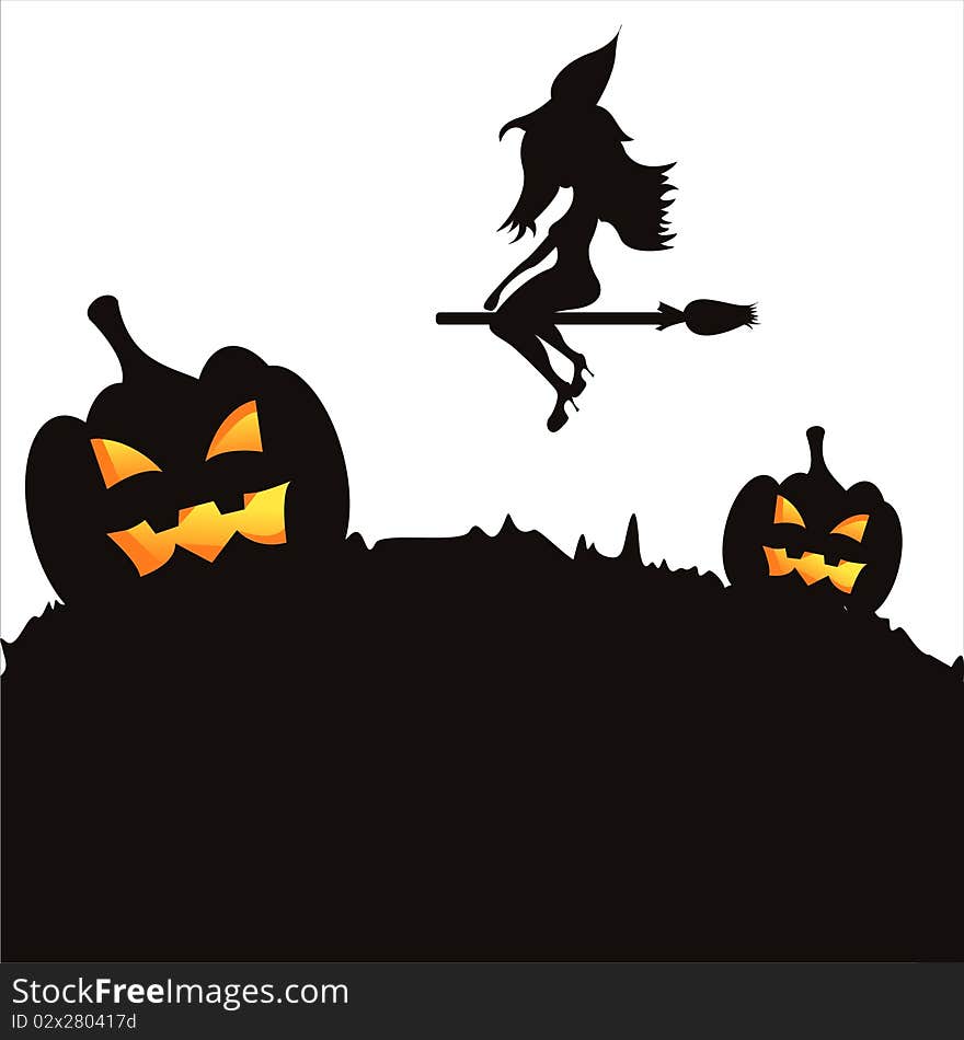 halloween landscape with witch and pumpkins