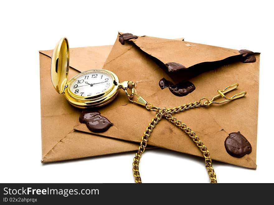 Envelopes and clock on a white background