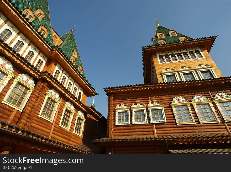 Wooden palace in Kolomenskoe. Reconstruction of the building 17 century, Moscow, Russia