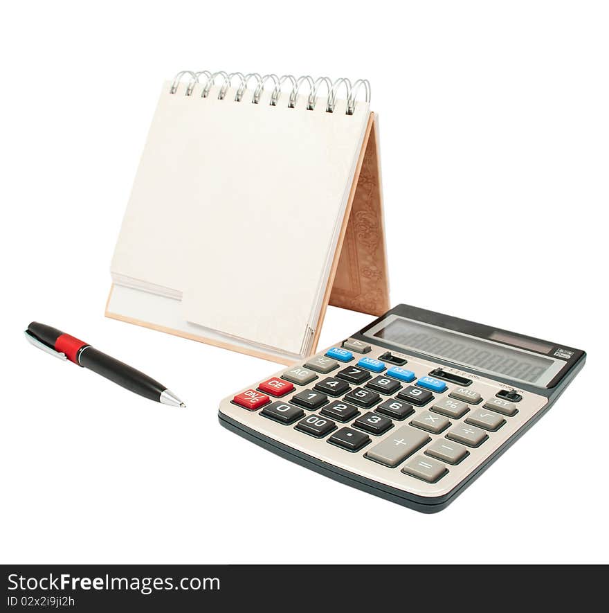 Calculator, a pen, a diary