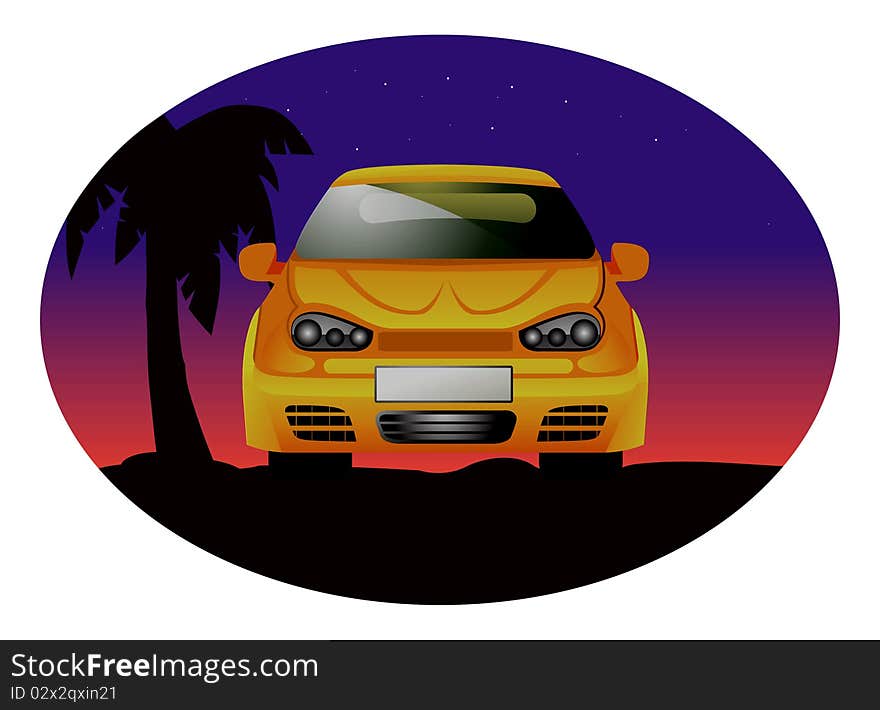 Cartoon outline illustration of a sports car sunset