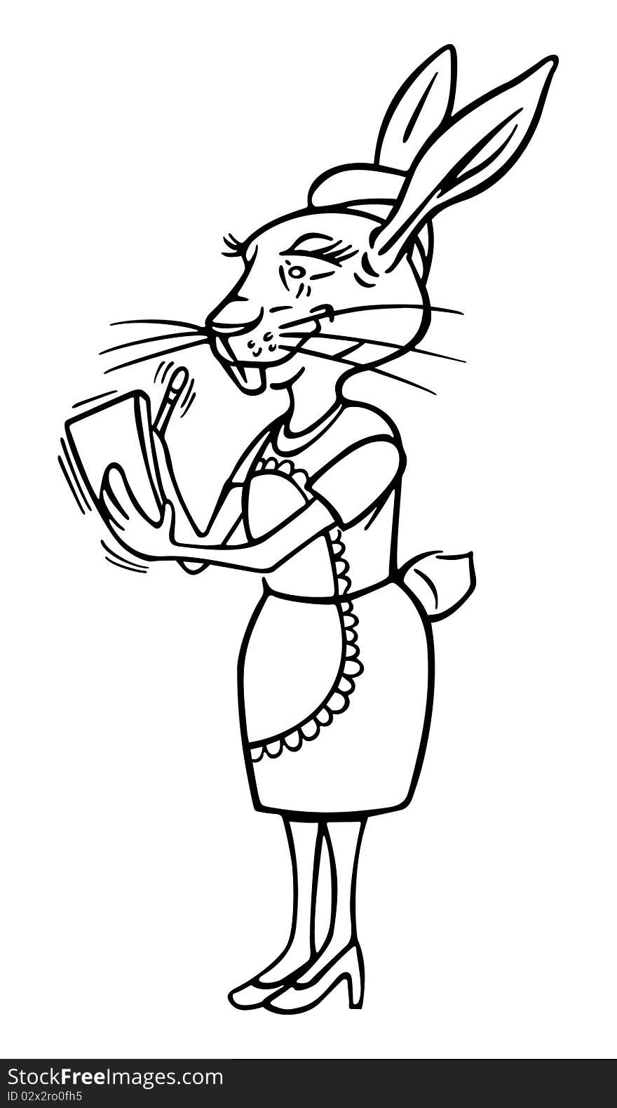 Cartoon outline illustration of a rabbit waitress