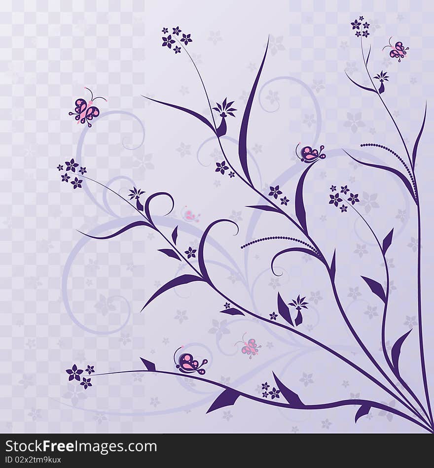 Square violet background with the image of elements of flora and butterflies. Square violet background with the image of elements of flora and butterflies