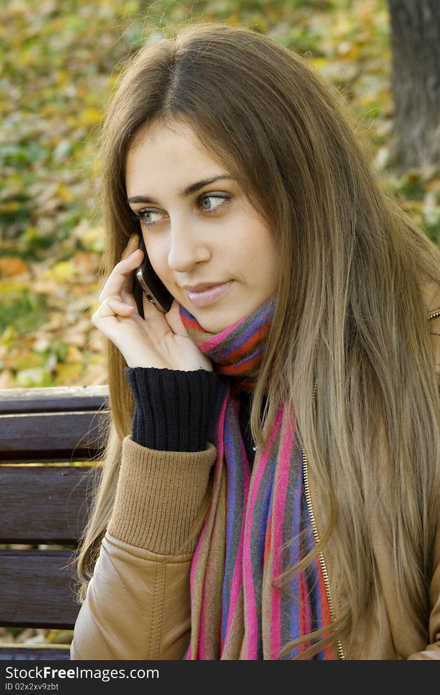 Young Caucasian woman calls on a mobile phone, sitting in a park on a wooden bench. Autumn around a lot of colorful foliage. Young Caucasian woman calls on a mobile phone, sitting in a park on a wooden bench. Autumn around a lot of colorful foliage