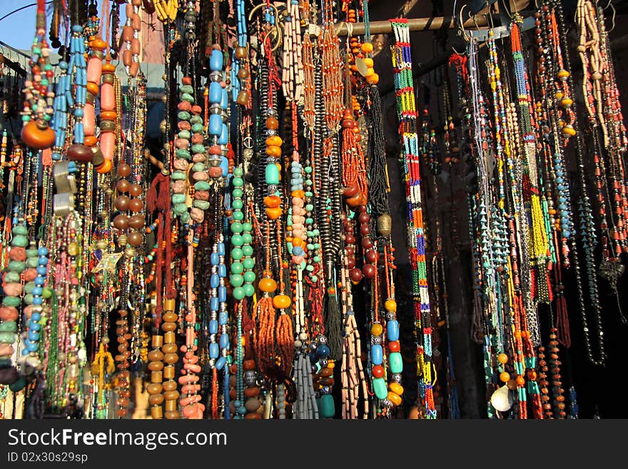 Colorful necklaces on morocco oriental market