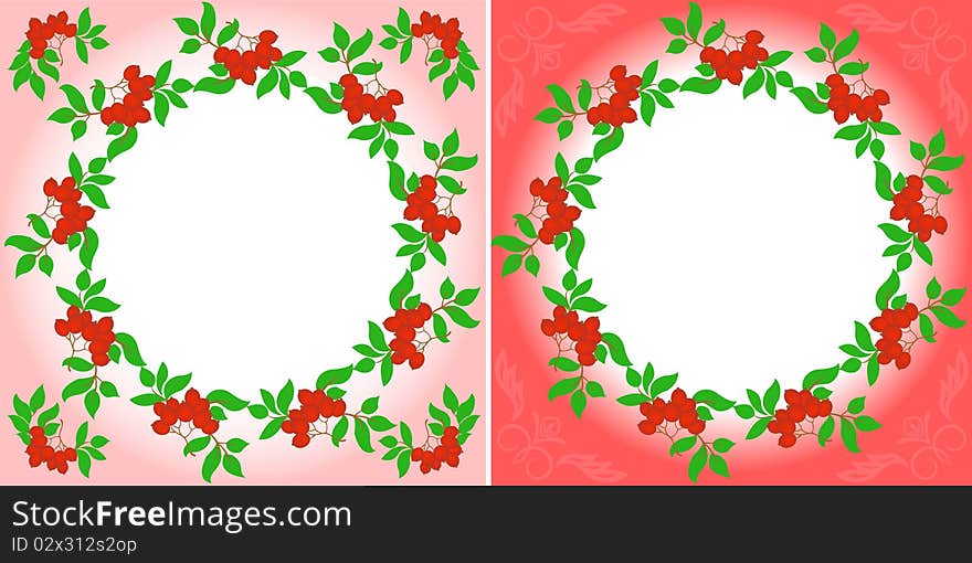 Set of two mountain ash wreaths on different backgrounds. Set of two mountain ash wreaths on different backgrounds