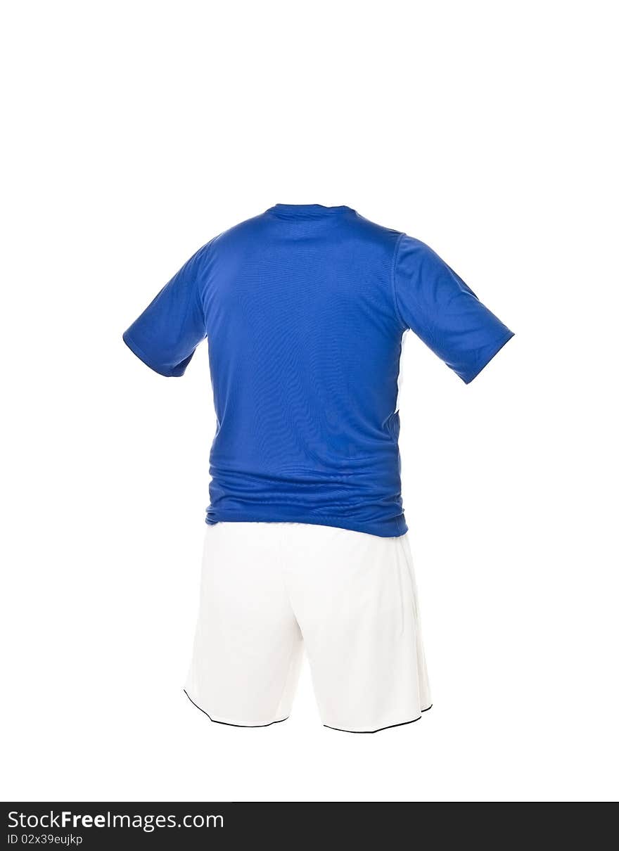 Blue football shirt with white shorts isolated on white background