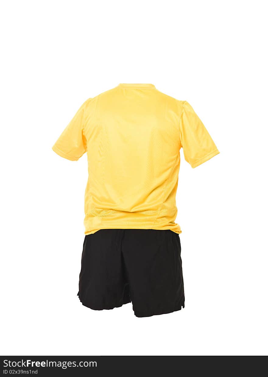 Yellow football shirt with black shorts isolated on white background