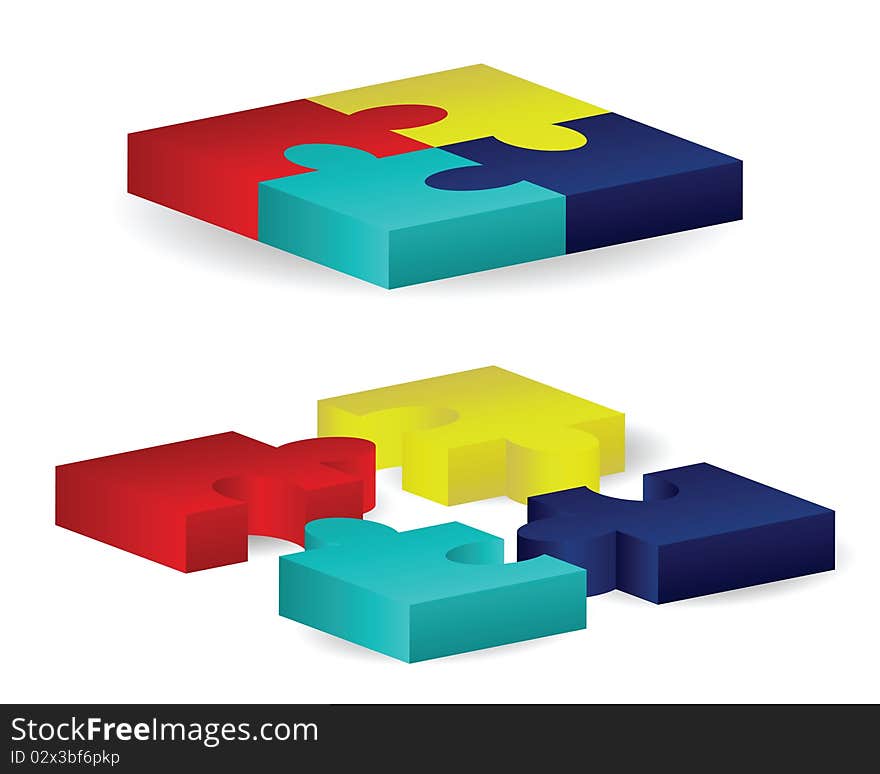 Three-dimensional puzzle pieces arranged in two sets of squares, one put together and one spread out. Three-dimensional puzzle pieces arranged in two sets of squares, one put together and one spread out