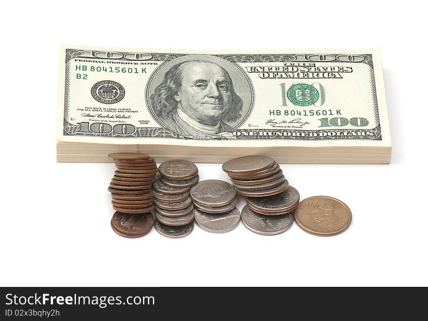 Stack of money on white isolated background. studio photo.