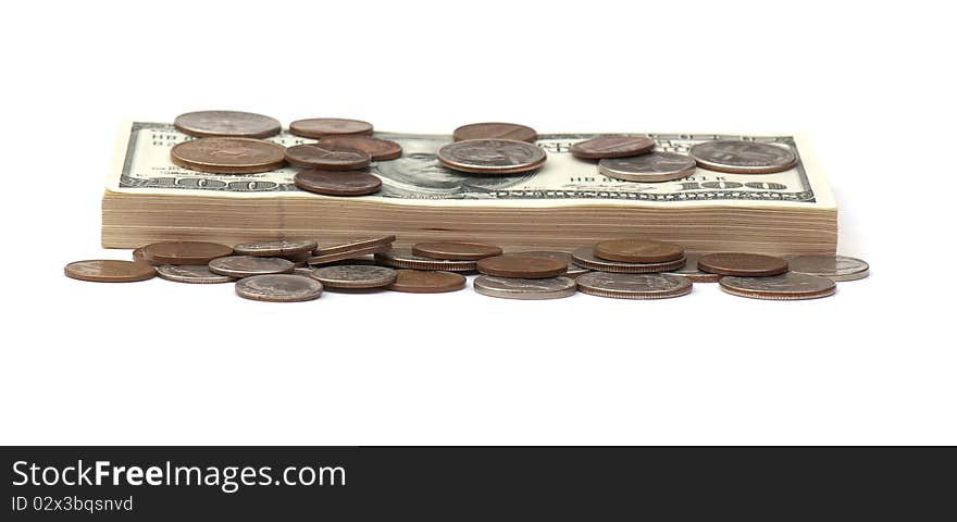 Stack of money on white isolated background. studio photo.