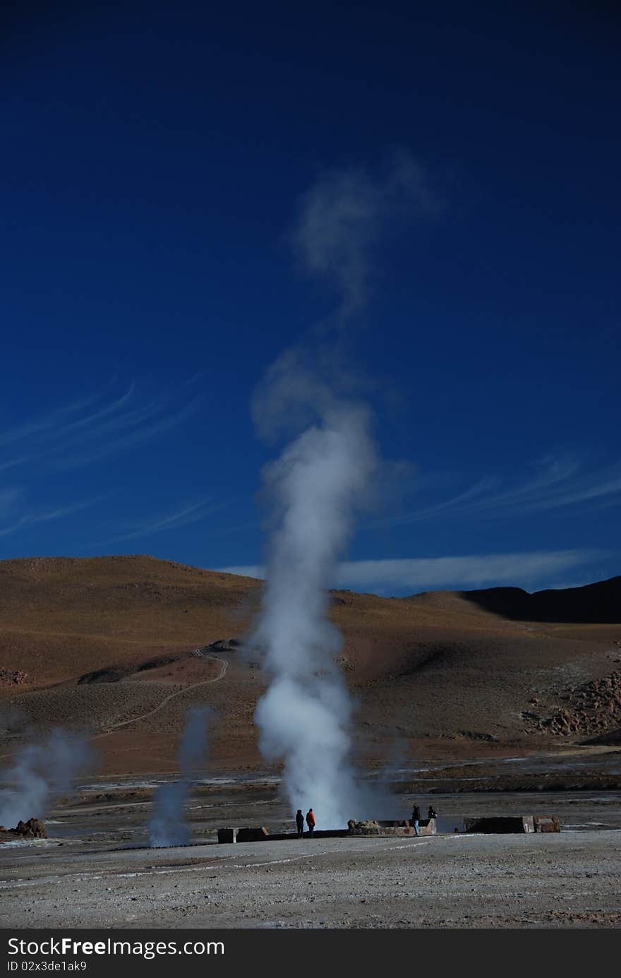 Erupting geysers in the Chilean geysers of El Taito