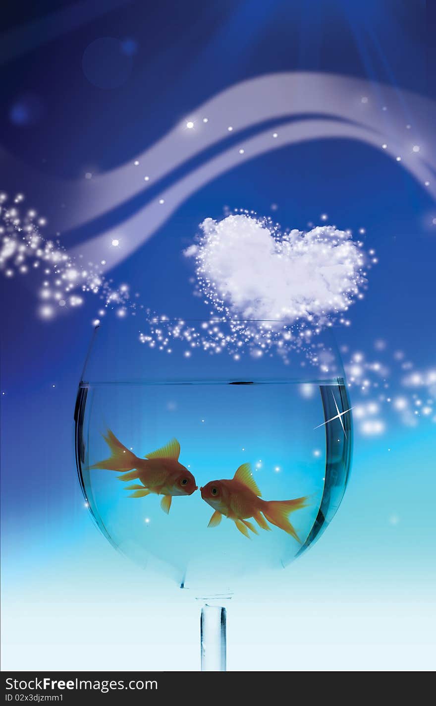 Image of a glass containing two red fishes and on I break down him/it a cloud to form of heart