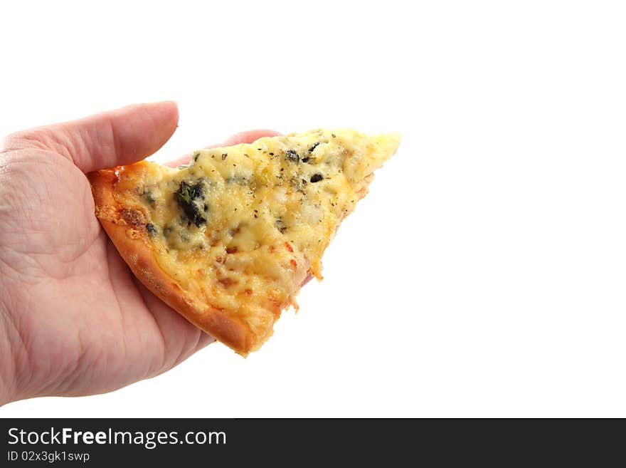 A woman holding a slice of pizza in her hand. A woman holding a slice of pizza in her hand