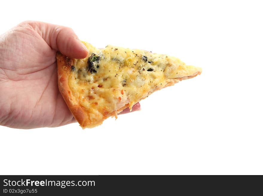 A woman holding a slice of pizza in his hand. A woman holding a slice of pizza in his hand