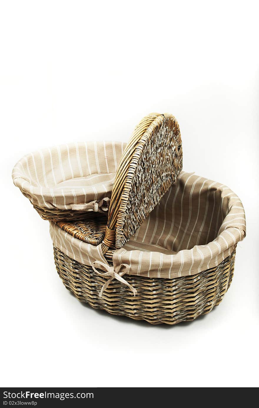 A set of twig baskets lined with textile on the interior used for picnics. A set of twig baskets lined with textile on the interior used for picnics.