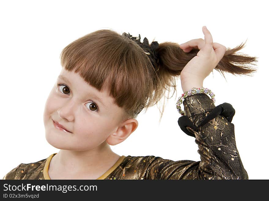 The little girl holds the hair. White background. The little girl holds the hair. White background.