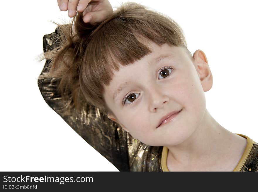 The little girl holds the hair. White background. The little girl holds the hair. White background.