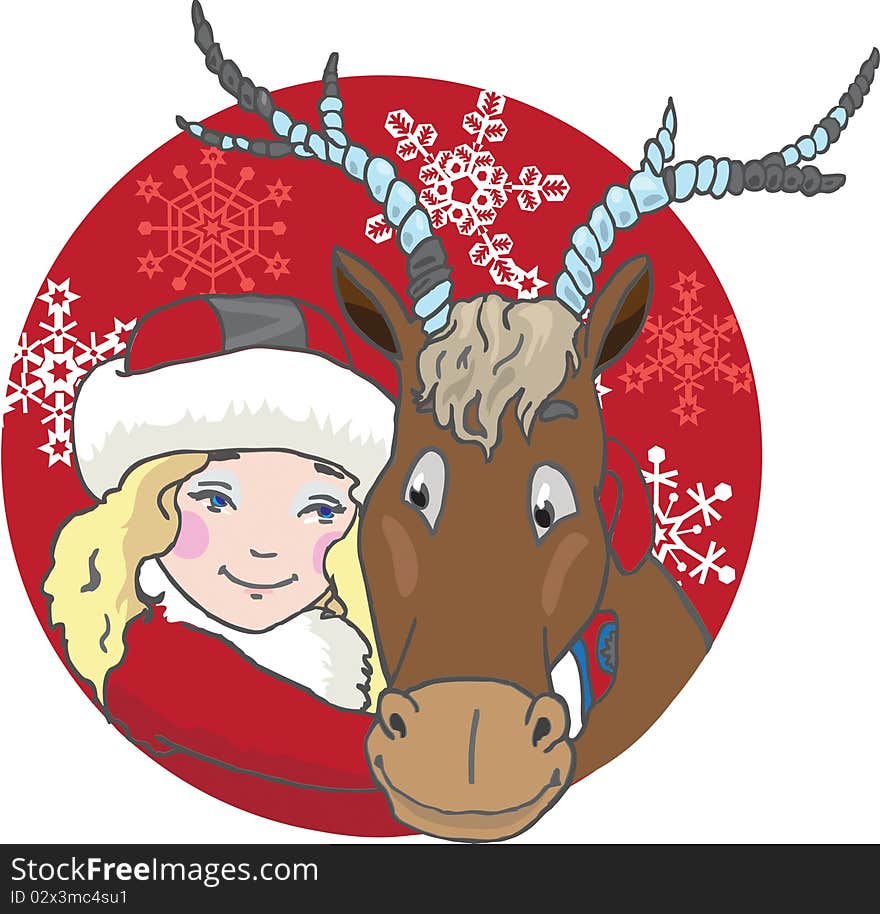 Christmas deer and the girl on a red background with snowflakes