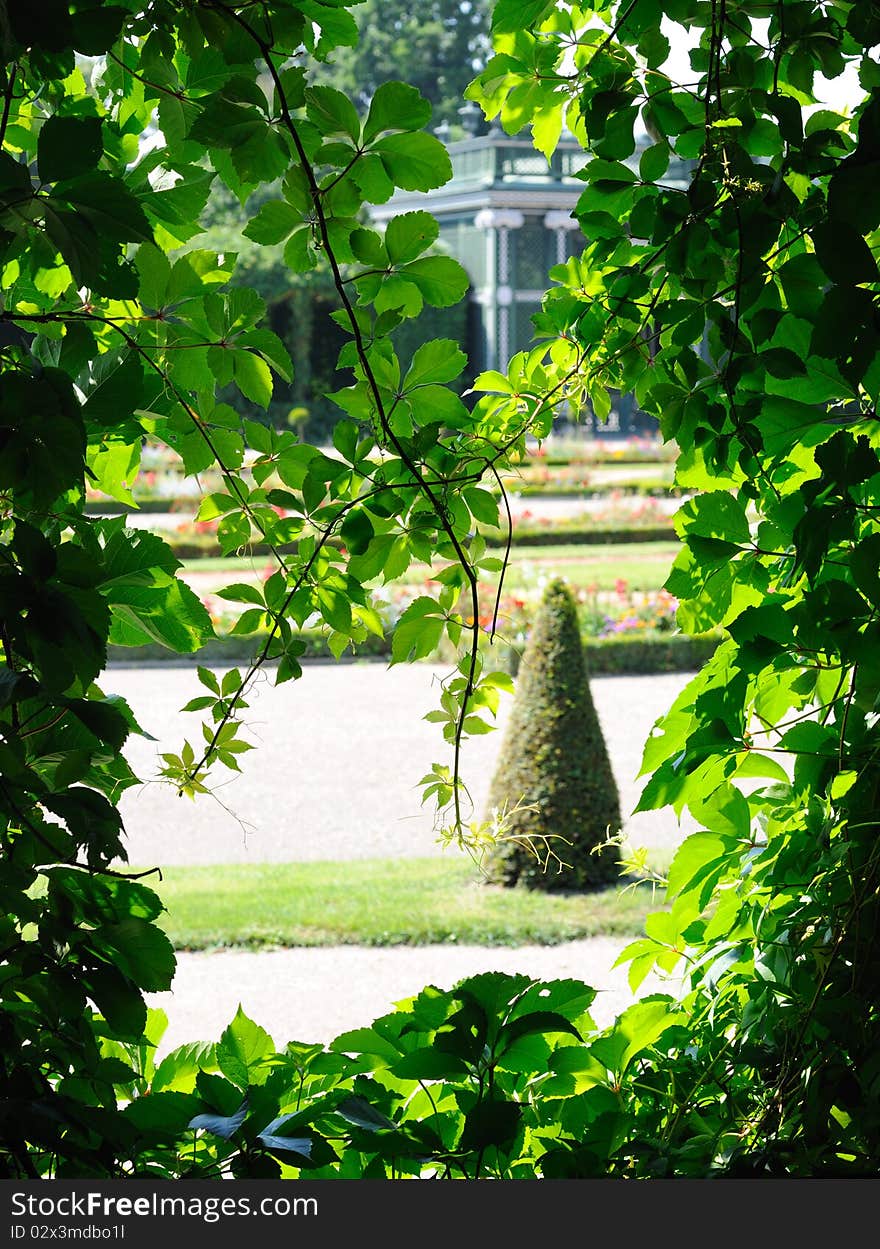 Formal garden, framed by leaves