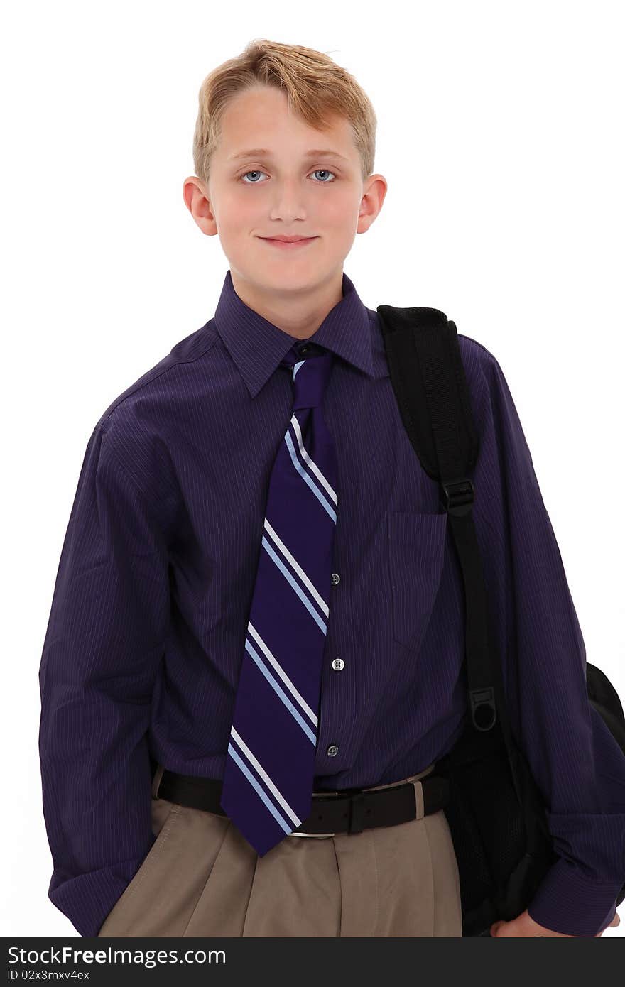 Attractive young american boy in shirt and tie with backpack over white background. Attractive young american boy in shirt and tie with backpack over white background.