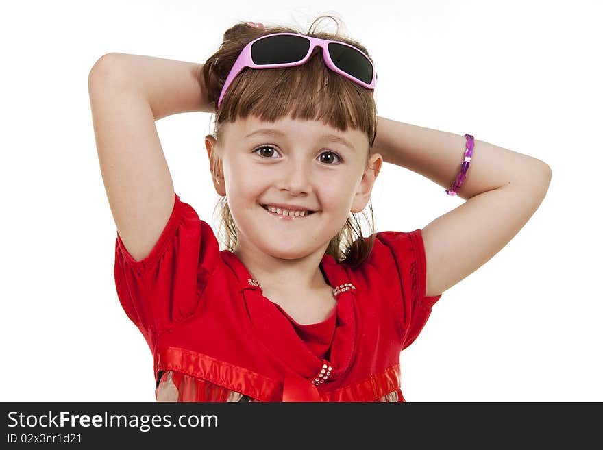 Fan little girl smiling. Isolated white.