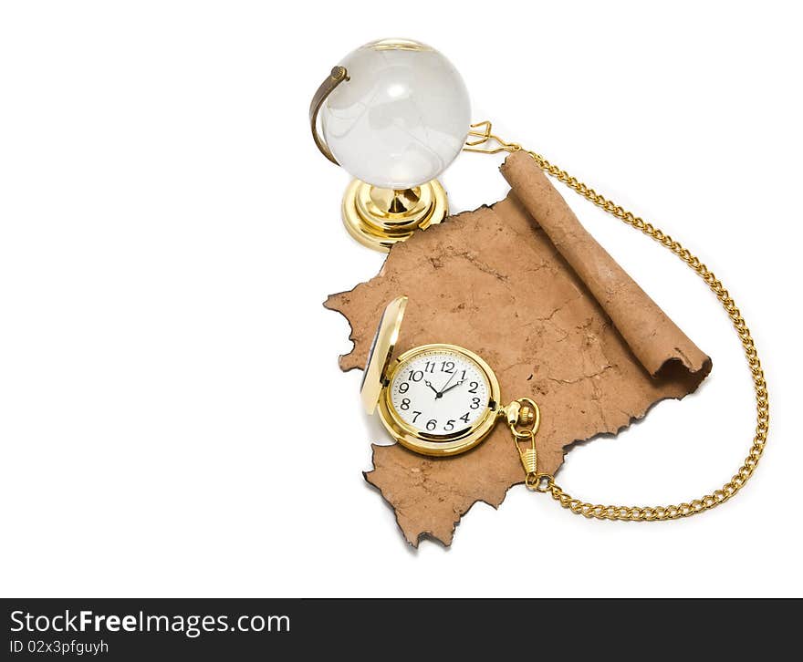 Old paper globe and clock on a white background