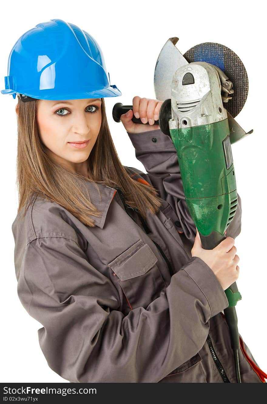 Female construction worker with blue hardhat holding grinder, isolated. Female construction worker with blue hardhat holding grinder, isolated