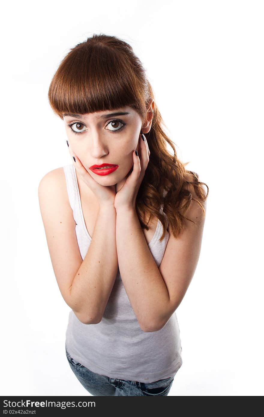 Young caucasian woman isolated on white background