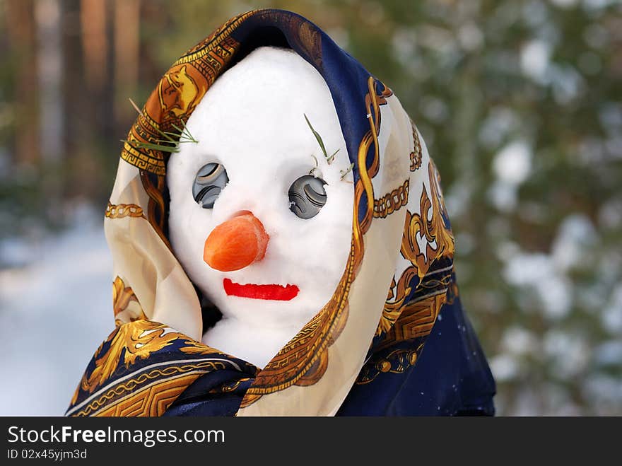 Snowwoman With Hat, Carrot Nose And Scarf