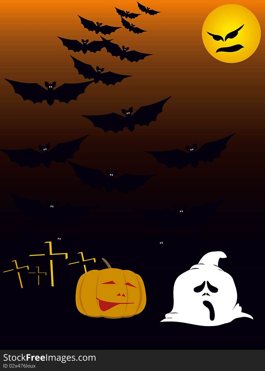 Pumpkins, bats and an evil moon are shown in the image. Pumpkins, bats and an evil moon are shown in the image