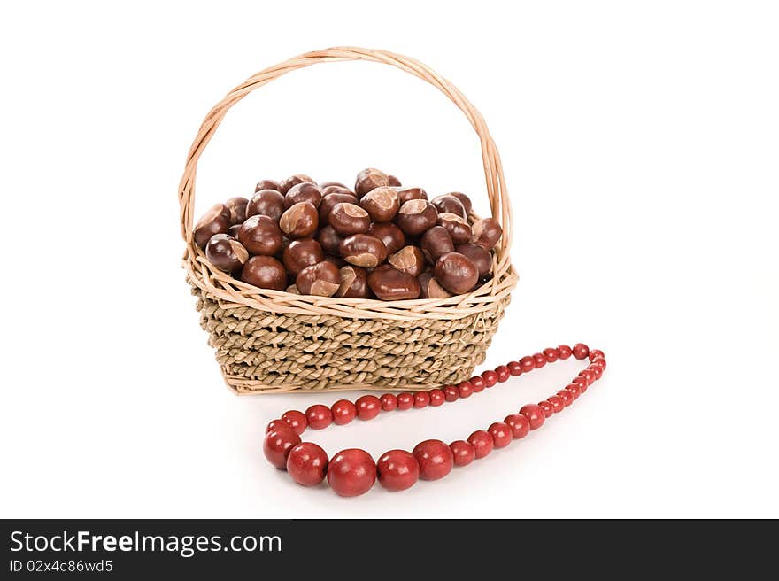 Beautiful autumn in studio with leafs and chestnuts