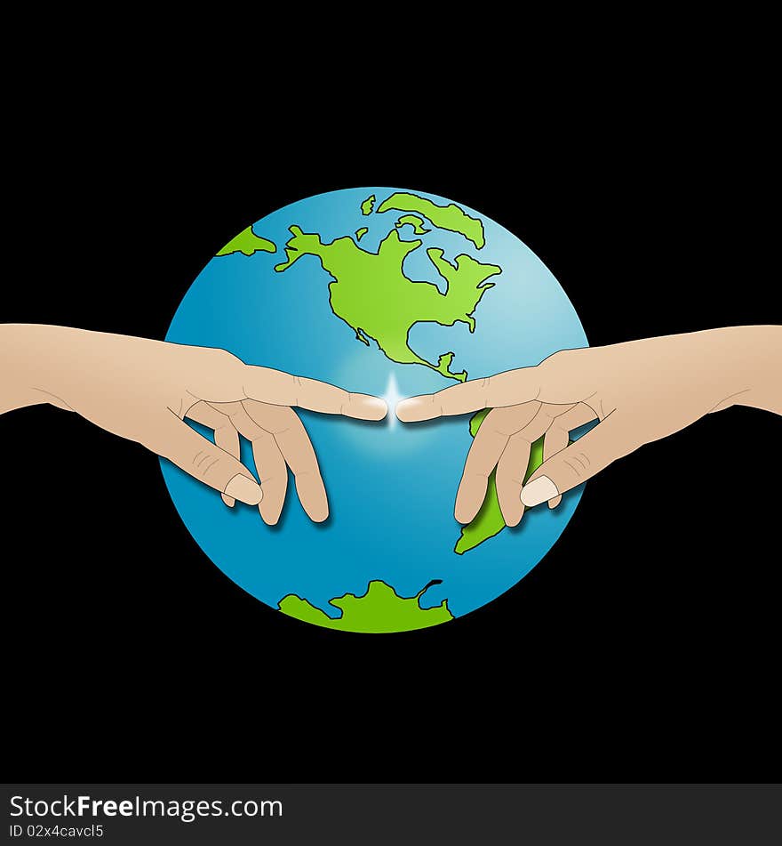 Two hands touching on  a globe background. Two hands touching on  a globe background.