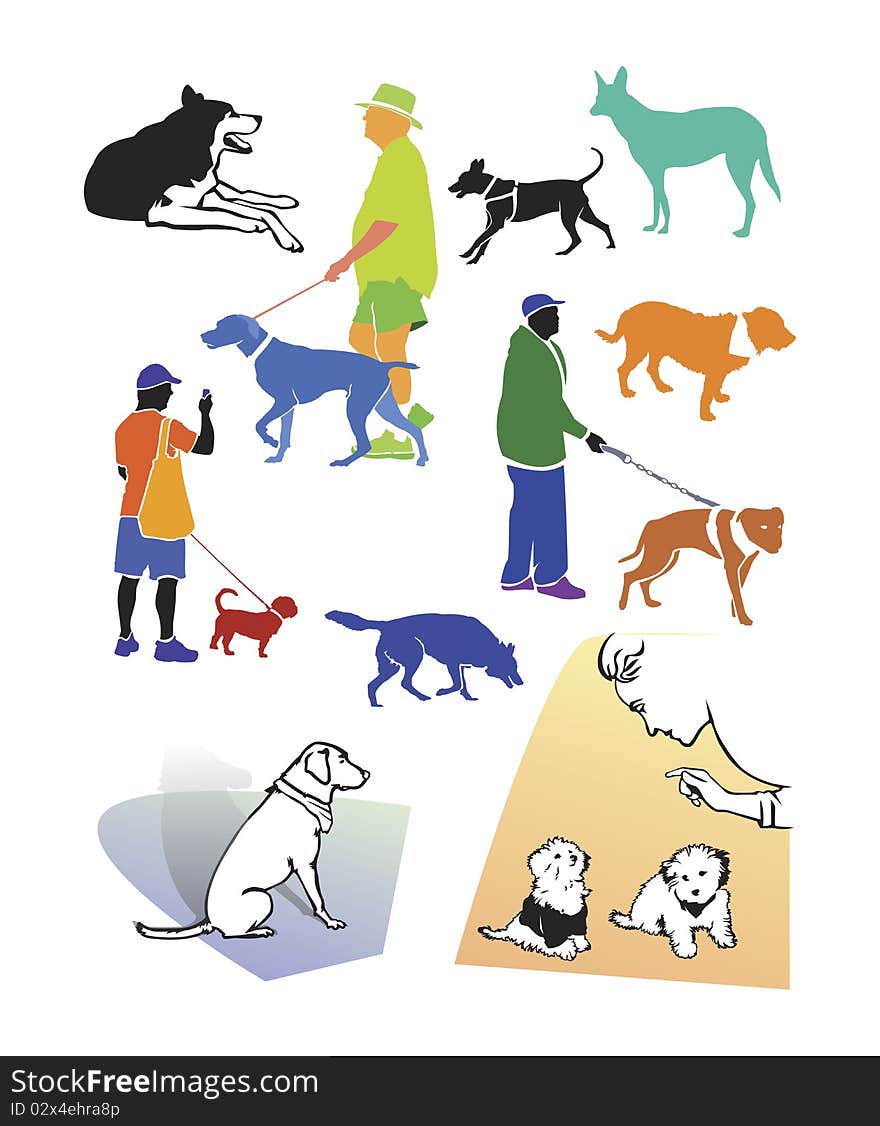 Variety of illustrations of dogs and people interacting with dogs. Variety of illustrations of dogs and people interacting with dogs