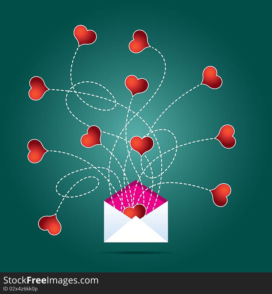 This is an illustration of an open mail envelope with a number of red hearts flying out of it. The squiggly flight paths of the hearts have been depicted using white dotted lines. The envelope is white with a pink inlay hovering over a blue green radial gradient backdrop. This is an illustration of an open mail envelope with a number of red hearts flying out of it. The squiggly flight paths of the hearts have been depicted using white dotted lines. The envelope is white with a pink inlay hovering over a blue green radial gradient backdrop.