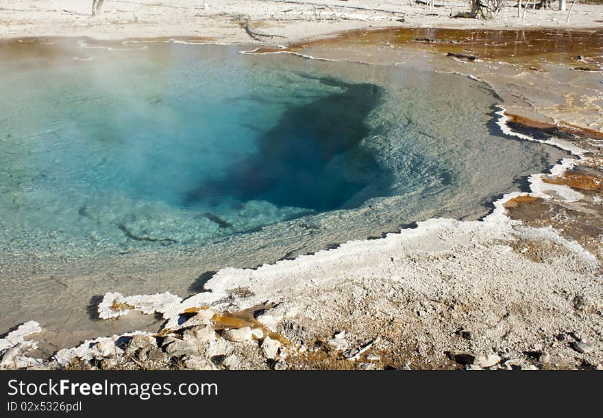 Blue colored pool of boiling water in Yellowstone National Park.