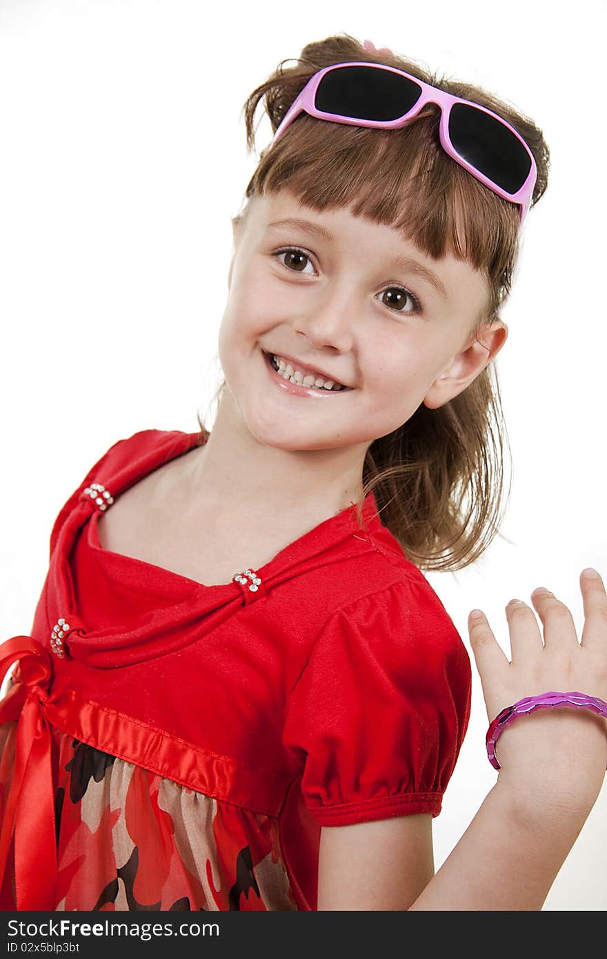 Fan little girl smiling. Isolated white.