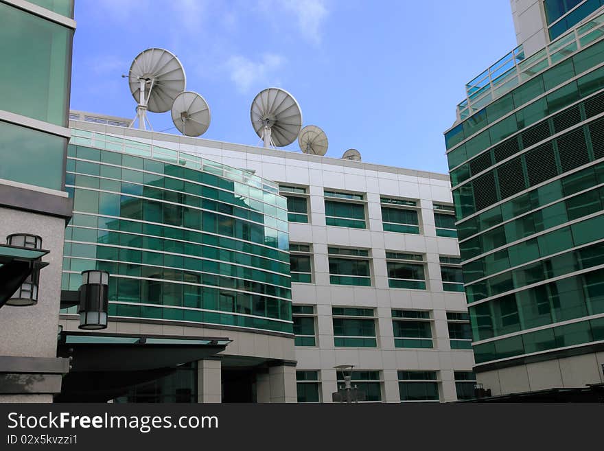 Satellite dishes, communication media center.