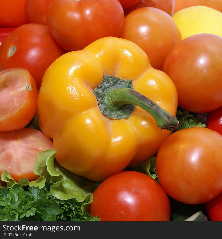 A set of different fresh and tasty vegetables, including tomatoes, parsley, pepper and cabbage. A set of different fresh and tasty vegetables, including tomatoes, parsley, pepper and cabbage.