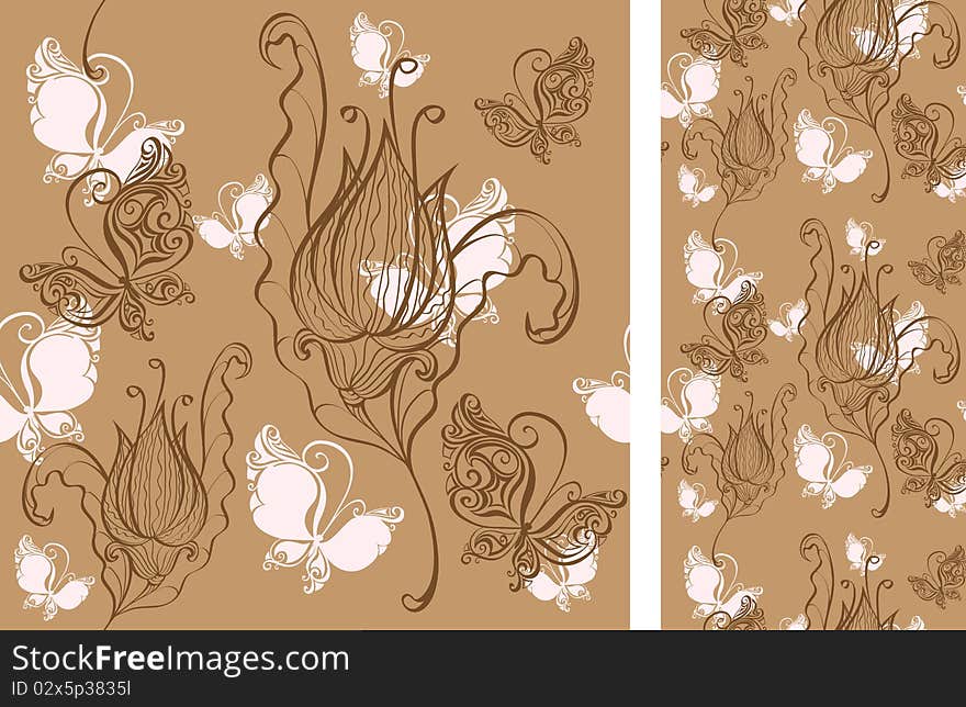 Seamless background with flowers and butterflies.No gradient. Illustration for design