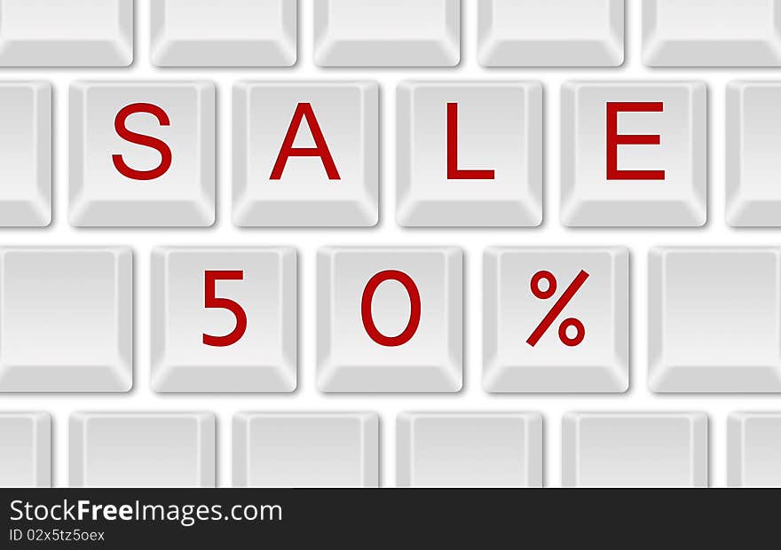 White Computer keyboard showing sale 50% isolated. White Computer keyboard showing sale 50% isolated