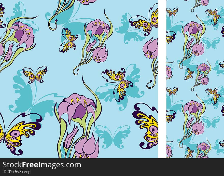 Seamless background with flowers and butterflies for design