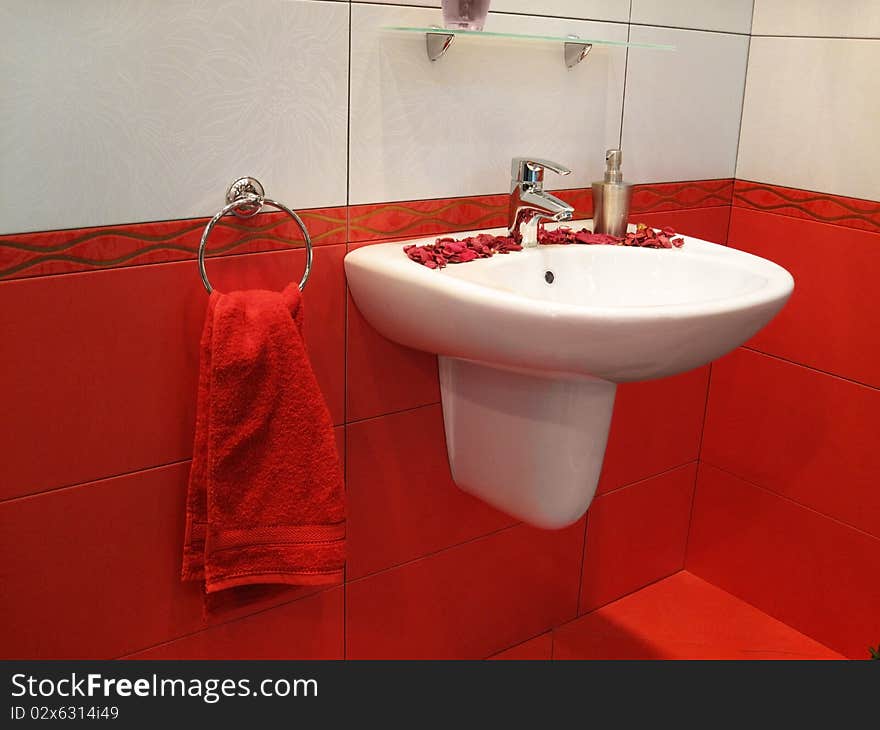 Fashionable Washstand In Red Bathroom