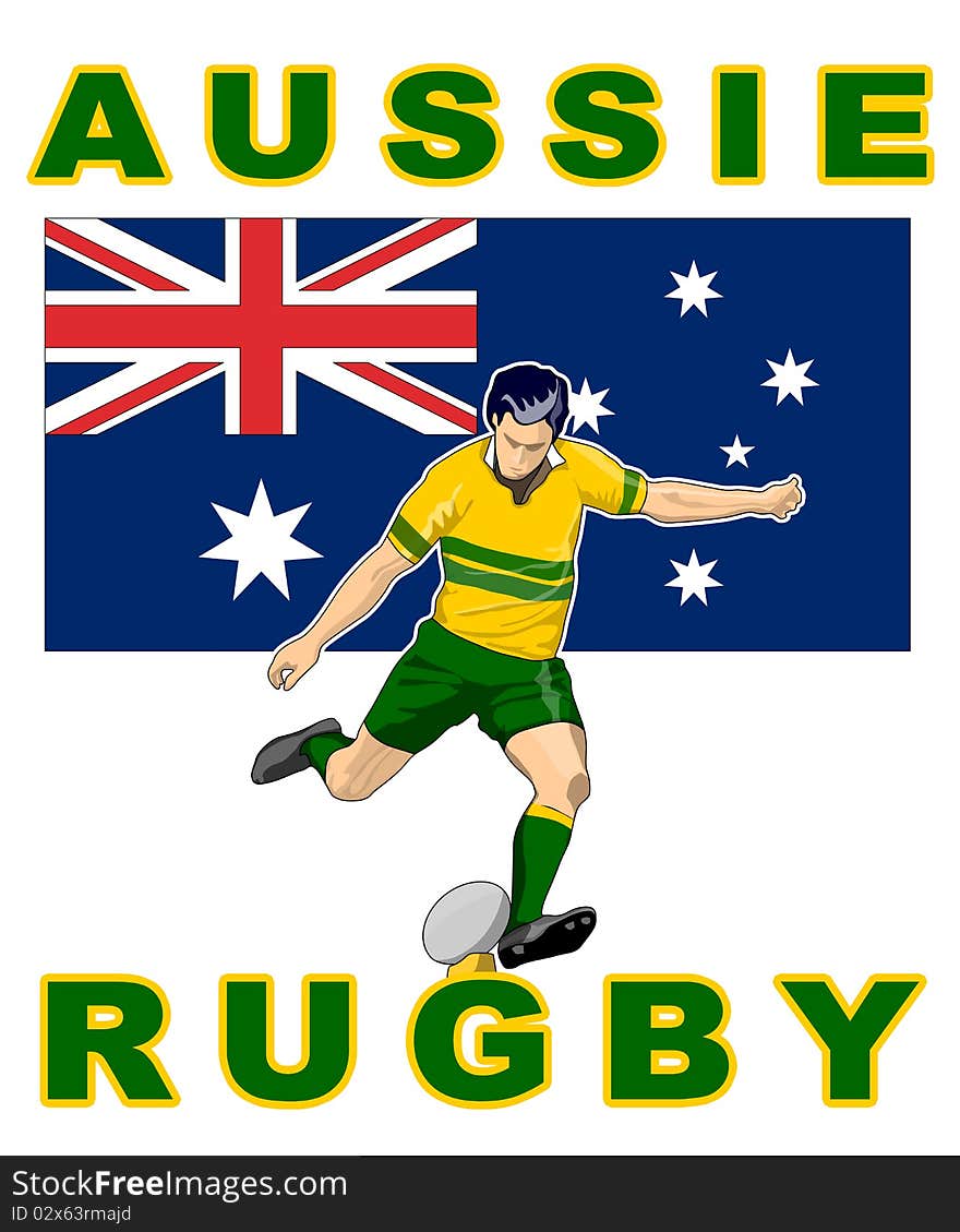 Illustration of Rugby player kicking ball front view with Australia flag in background. Illustration of Rugby player kicking ball front view with Australia flag in background